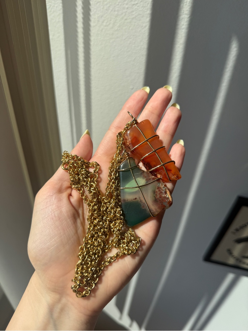 Vintage Gold Chain Necklace with Orange and Green Wire-Wrapped Stone Pendants